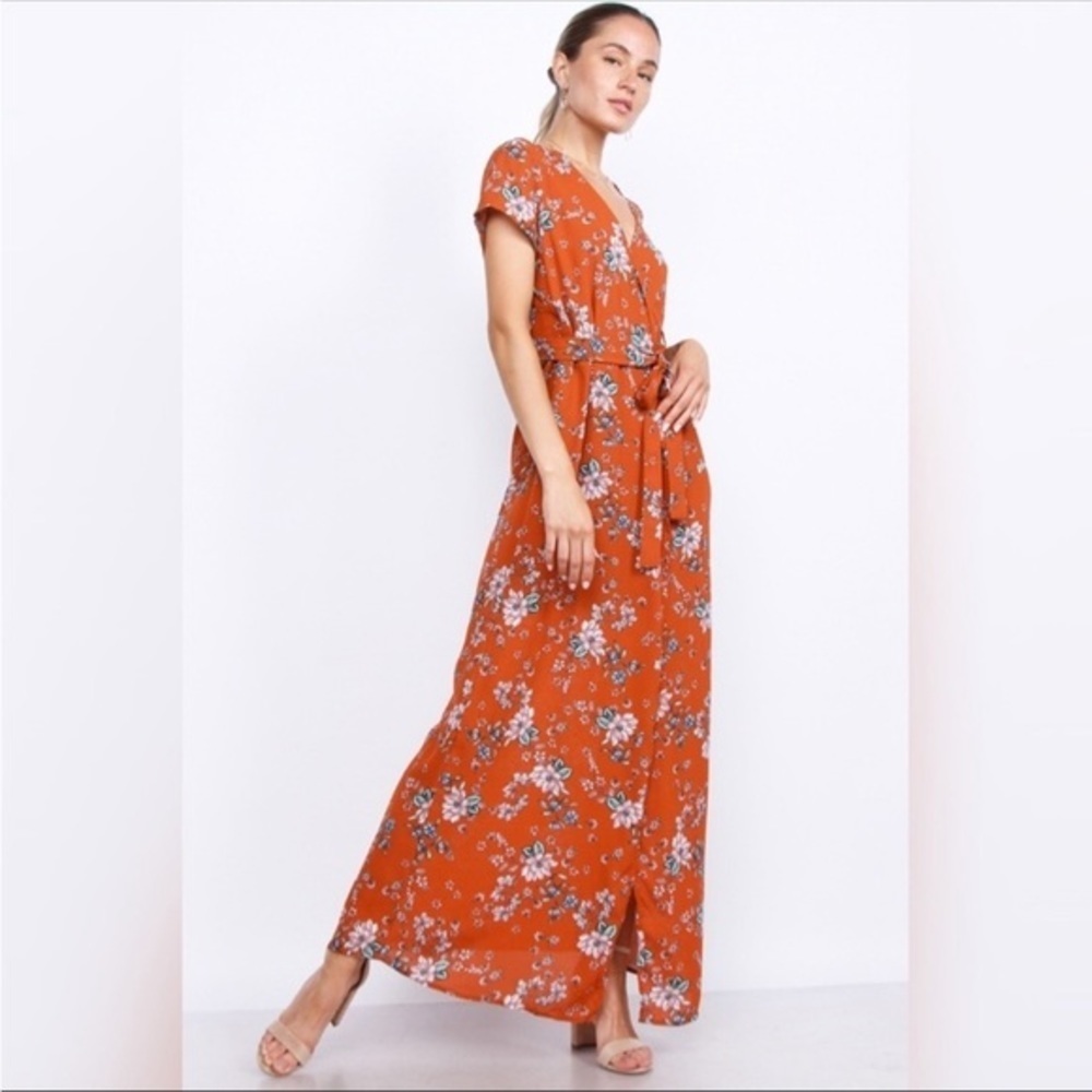 BNWT OLIVACEOUS Floral Maxi Wrap Dress, Burnt Orange Floral Print